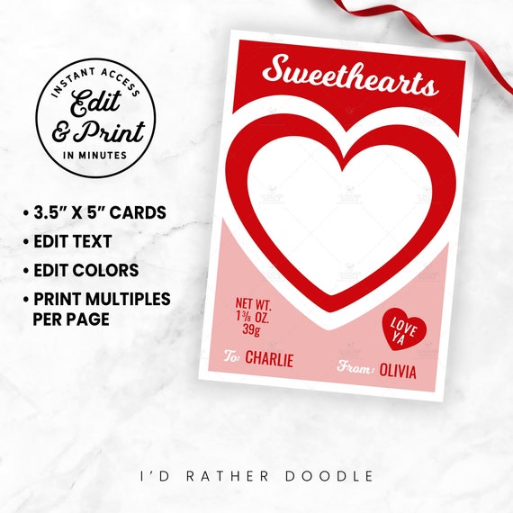 EDITABLE Sweethearts Cookie Card - 3.5