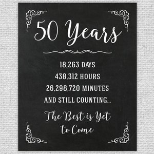 May include: Black and white chalkboard sign with the text "50 Years" and the number of days, hours, and minutes in 50 years. The sign also includes the text "The Best is Yet to Come".
