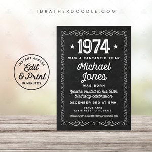 50th Birthday Invitation, Editable 50th Birthday Printable Template, Vintage Style 50th Birthday Invitation, Instant Download, 1973/1974