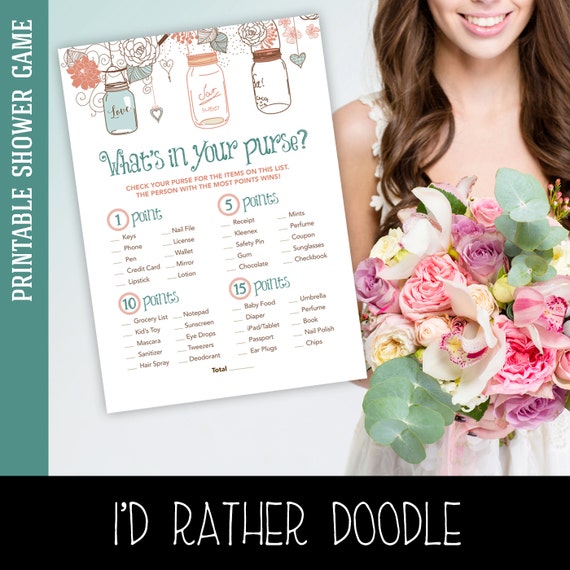 Bridal Shower Game - What's in Your Purse - Printable Bridal Shower Game -  Mason Jars - Rustic - Pink and Teal - Digital - Etsy