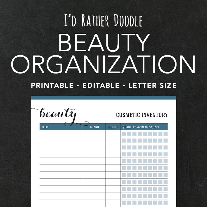 May include: Printable beauty organization inventory sheet with a blue header and a handwritten "beauty" title. The sheet includes columns for item, brand, color, quantity, available, and used.