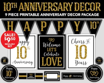 10th Anniversary - Happy Anniversary Decorations - 10th Wedding Anniversary Party Decor - DIY Party - Printable Anniversary Decorations