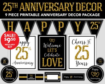 25th Anniversary - Happy Anniversary Decorations - 25th Wedding Anniversary Party Decor - DIY Party - Printable Anniversary Decorations