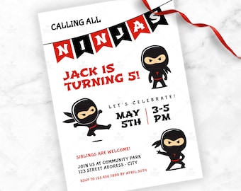 Editable Ninjas Birthday Party Invitation - Three Ninjas Birthday Invite - Editable Skin Color - Instant Access Digital Printable