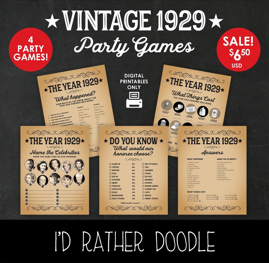 Vintage 1929 Birthday Party Games - Four Games - 95th Birthday Party ...
