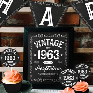 1963 Vintage Aged to Perfection Printable Birthday Decor - 60th Birthday - 3 Piece Set - Banner, Sign, Cupcake Toppers - Instant Download