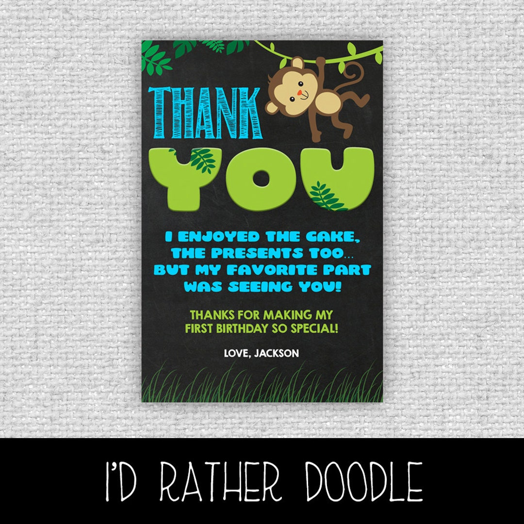 Monkey Birthday Thank You Card - Monkey Thank You Card - Any Age ...