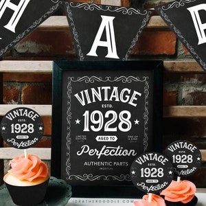 1928 Vintage Aged to Perfection Printable Birthday Decor - 98th Birthday - 3 Piece Set - Banner, Sign, Cupcake Toppers - Instant Download