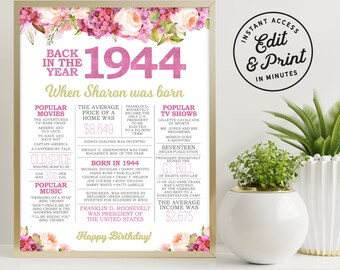 82nd Birthday Sign - Back in 1944 - 82 Birthday Gift - Party Decor - Printable Digital Sign - Editable Sign - Boho Watercolor Flowers