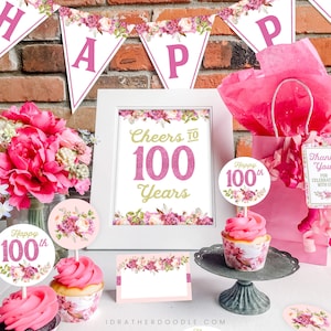 Boho Watercolor Flowers 100th Birthday Decorations - 100th Birthday Party Printable Decor - 6 Piece Set - Instant Download - 1922 Birthday