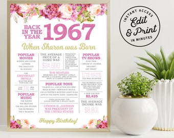 59th Birthday Sign - Back in 1967 - 59 Birthday Gift - Party Decor - Printable Digital Sign - Editable Sign - Boho Watercolor Flowers