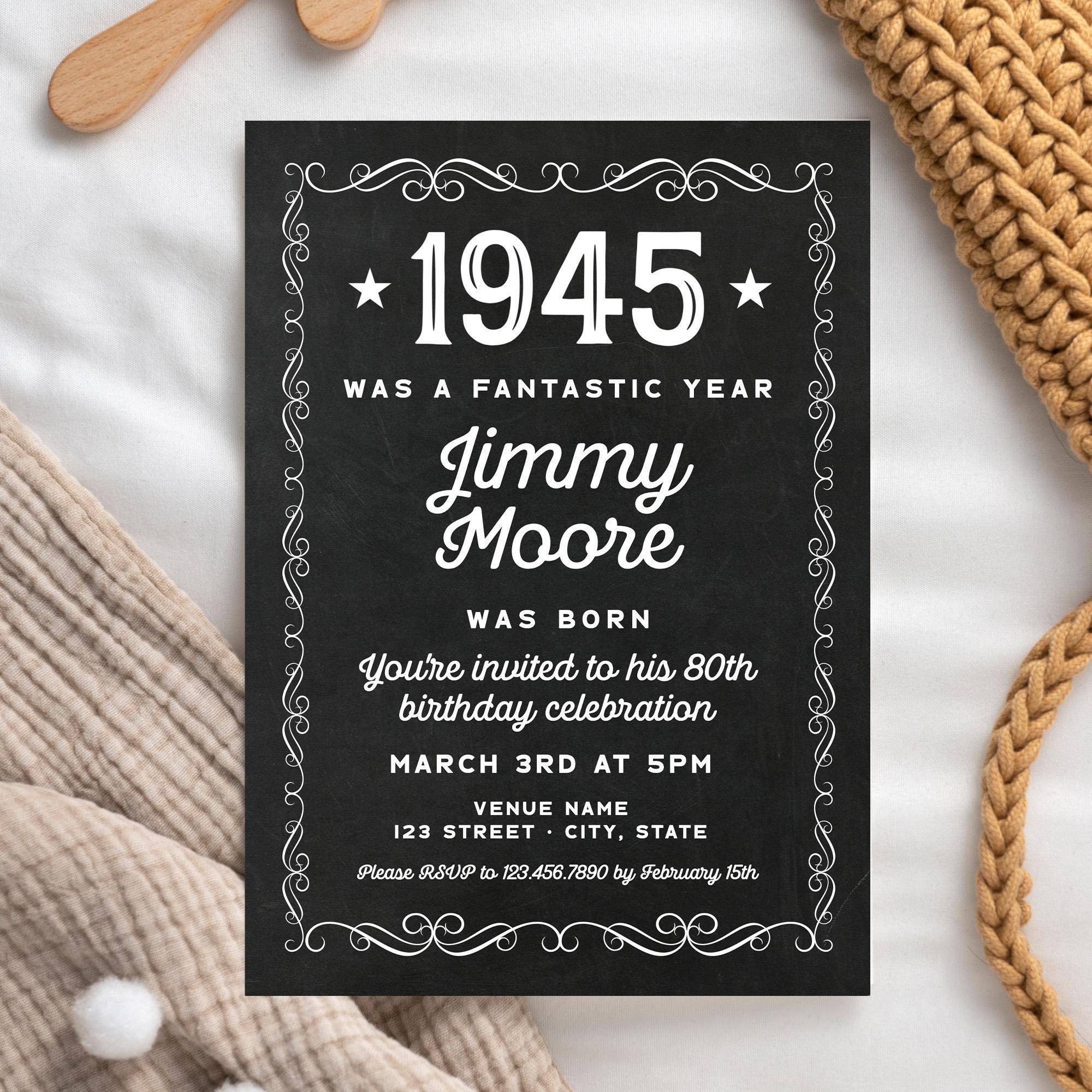80th Birthday Invitation, Editable 80th Birthday Printable Template,  Vintage Style 80th Birthday Invitation, Instant Download, 1945 - Etsy, image size:2000x2000