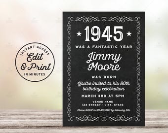 Puede incluir: Invitación a una fiesta de cumpleaños número 80 en estilo pizarra en blanco y negro con el texto "*1945* fue un año fantástico Jimmy Moore nació Estás invitado a su celebración de cumpleaños número 80 el 3 de marzo a las 5:00 p. m. Nombre del lugar 123 Street City, State Confirma tu asistencia al 123.456.7890 antes del 15 de febrero"