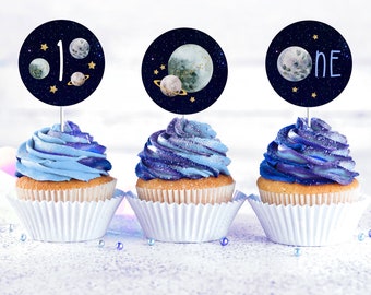 Toppers cupcake compleanno nello spazio esterno - Primo viaggio intorno al sole - Download digitale stampabile - Decorazione per la prima festa di compleanno