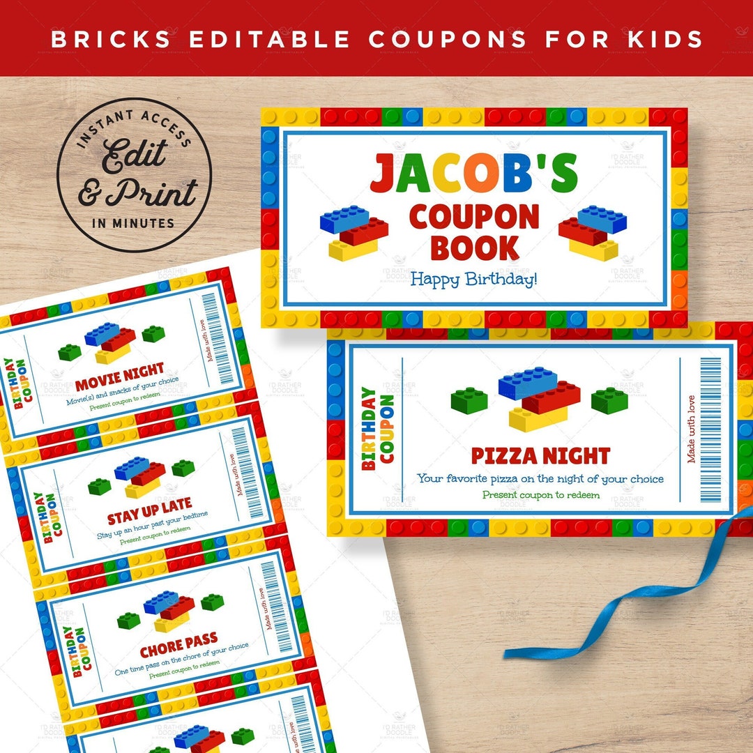 Editable Bricks Birthday Coupon Book for Kids Building Blocks Birthday