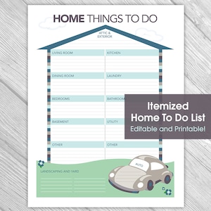 Printable Editable Home To Do List - Things to Do List, Home Organization, Home Repair, Instant Download, Printable