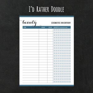 May include: A printable cosmetic inventory tracker with the title "beauty" and the headings "Item", "Brand", "Color", "Quantity", "Available", and "Used".