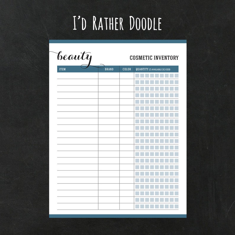 May include: A printable cosmetic inventory tracker with the title "beauty" and the headings "Item", "Brand", "Color", "Quantity", "Available", and "Used".