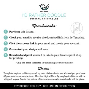 以下が含まれることがあります： 青い鳥のロゴの下に「I'd Rather Doodle」と「Digital Printables」というテキストがあります。 「How it works:」というテキストは、より大きなフォントサイズで表示されています。 5つの手順を説明する番号付きのリストで、デジタル印刷物を購入してダウンロードする方法が説明されています。 「Terms:」というテキストは、より大きなフォントサイズで表示されています。 下のテキストでは、テンプレートが180日で期限切れになり、購入ごとに最大10回のダウンロードが許可されることが説明されています。 「Try Before You Buy - See Link in Description」というテキストは、画像の下部に表示されています。