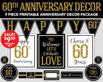 60th Anniversary - Happy Anniversary Decorations - 60th Wedding Anniversary Party Decor - DIY Party - Printable Anniversary Decorations