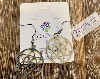 Pendientes SEMILLA DE VIDA, Acero Inoxidable, Geometría Sagrada Semilla de Amuletos de Vida, Joyas Espirituales de Yoga, Pendientes de Meditación