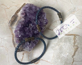 Antique Blue 4mm Leather Braided Bracelet-Secure Magnetic Clasp-Men Bracelet-Women Bracelet-Yoga Jewelry-Gift for her-Gift for him