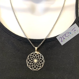 Round Stainless Steel  DECAGON Torus Vortex  Necklace-Stainless steel Rolo Chain-Sacred Geometry pendant-Yoga Lover Gift-Meditation Jewelry.