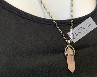 Collar de yoga de cuarzo rosa: piedra preciosa natural, cadena de acero inoxidable
