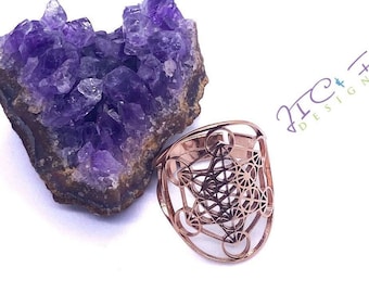 Anillo Merkaba de Metatrón en oro rosa: Geometría Sagrada de acero inoxidable, ajustable