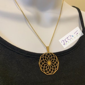 Round Stainless Steel Gold Plated DECAGON Torus Vortex  Necklace, Gold Plated Sacred Geometry pendant, Yoga Lover Gift, Meditation Jewelry.