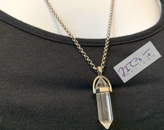 Collar de cuarzo cristalino natural: cadena de acero inoxidable, joyería de yoga
