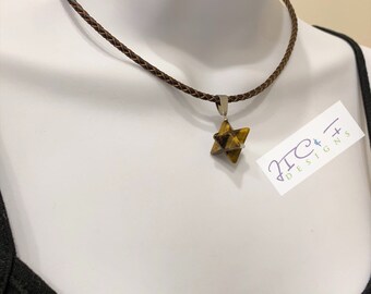Collar de estrella Merkaba de ojo de tigre: cordón de cuero trenzado, geometría sagrada