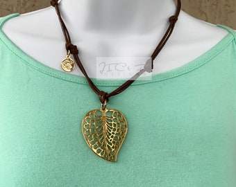 Gold Plated Leaf Pendant Necklace: Boho Charm, 18 inch Cord