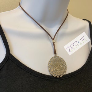 Sri Yantra Silver Plated Necklace, 2mm 17-18inch Adjustable Brown Waxed Cotton Necklace Cord-Shri Yantra Pendant-Sacred Geometry Tantra Gift