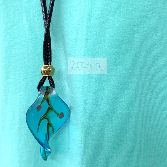 Murano Glass Leaf Pendant Necklace: Long Black Waxed Cotton Cord