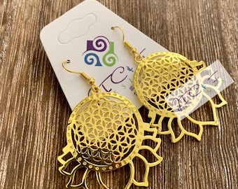 FLOR DE LA VIDA LOTUS Pendientes chapados en oro-Colgante de flor de loto-Geometría sagrada Tantra Regalo