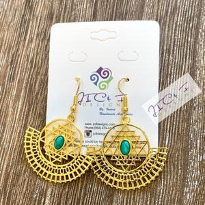 Sri Yantra with imitation turquoise bead Gold Plated Earrings-Shri Yantra Pendant-Sacred Geometry Tantra Gift