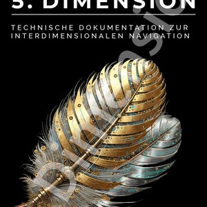 May include: A book cover titled BORDBUCH IN DIE 5. DIMENSION TECHNISCHE DOKUMENTATION ZUR INTERDIMENSIONALEN NAVIGATION featuring a large, detailed golden and silver mechanical feather with intricate gears and circuitry on a black background.