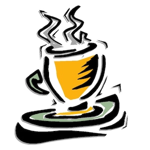 May include: A stylized illustration of a cup of coffee or tea, with a yellow interior and black outline. The cup sits on a saucer with a green accent, and steam rises from the top.