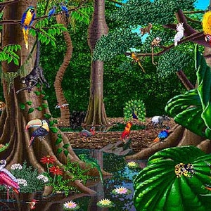 May include: A vibrant digital illustration of a lush rainforest scene. The image features a variety of colorful birds, monkeys, and other animals amidst dense green foliage, trees, and a body of water. The artwork has a detailed, almost pixelated style.