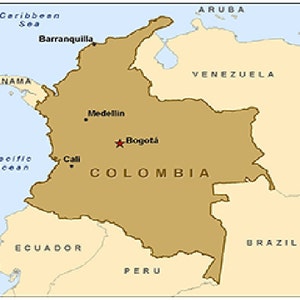 May include: A map of Colombia, showing the country's borders in a dark tan color. Major cities like Bogota, Medellin, and Cali are marked with dots. Surrounding countries and bodies of water are also labeled.