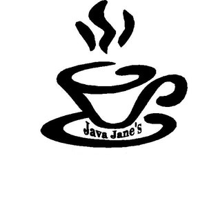 May include: Black and white logo featuring a coffee cup with steam rising above it. The cup sits on a saucer, and the words "Java Jane's" are written in a stylized font below the cup.