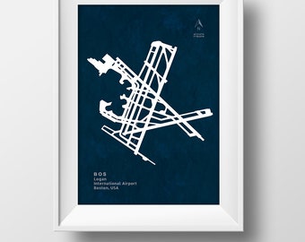 BOS Logan International Airport in Boston Massachusetts USA Runway Silhouette Modern Wall Art, BOS Airport Poster, Boston, Massachusetts