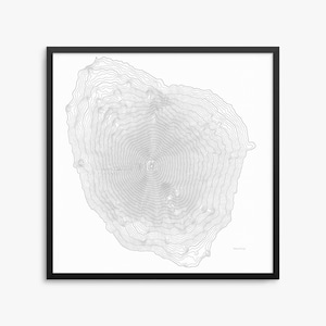 May include: A framed topographic map print featuring a detailed contour line illustration of a mountain. The artwork is in grayscale, with a black frame and a white background. The map's design is centered, showcasing the mountain's shape.