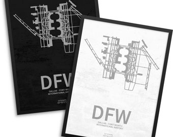 May include: Two framed prints featuring the Dallas-Fort Worth International Airport (DFW) layout. One print has a black background with a white airport diagram and text. The other print has a white background with a gray airport diagram and text.
