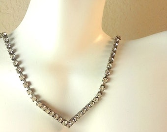 Vintage 1950's Rhinestone V Silver Choker Necklace