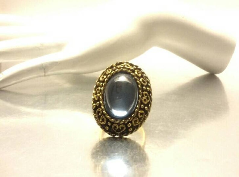 Vintage Blue Cabochon Gold Scroll Adjustable Band Ring