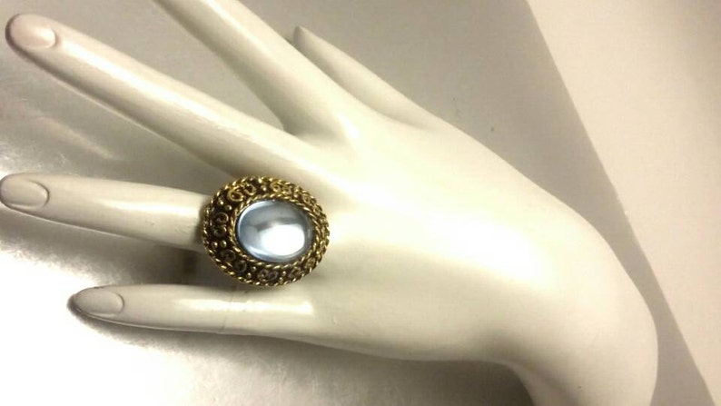 Vintage Blue Cabochon Gold Scroll Adjustable Band Ring