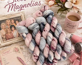 STEEL MAGNOLIAS Dolly Parton Inspired Speckled Hand Dyed Fingering Sock and DK Yarn!