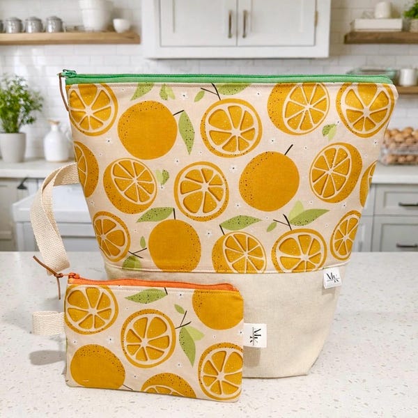 ORANGES XL Sweater Sized Knitting Project Bag with Canvas Bottom with Zippered Notions Pouch!!